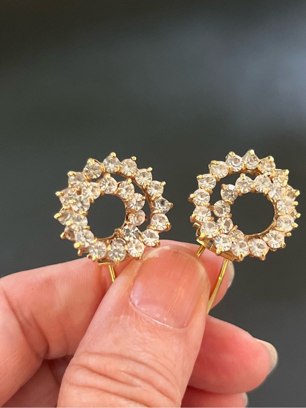 Vintage Gold rhinestone Crystal Circle stud Earrings secure back